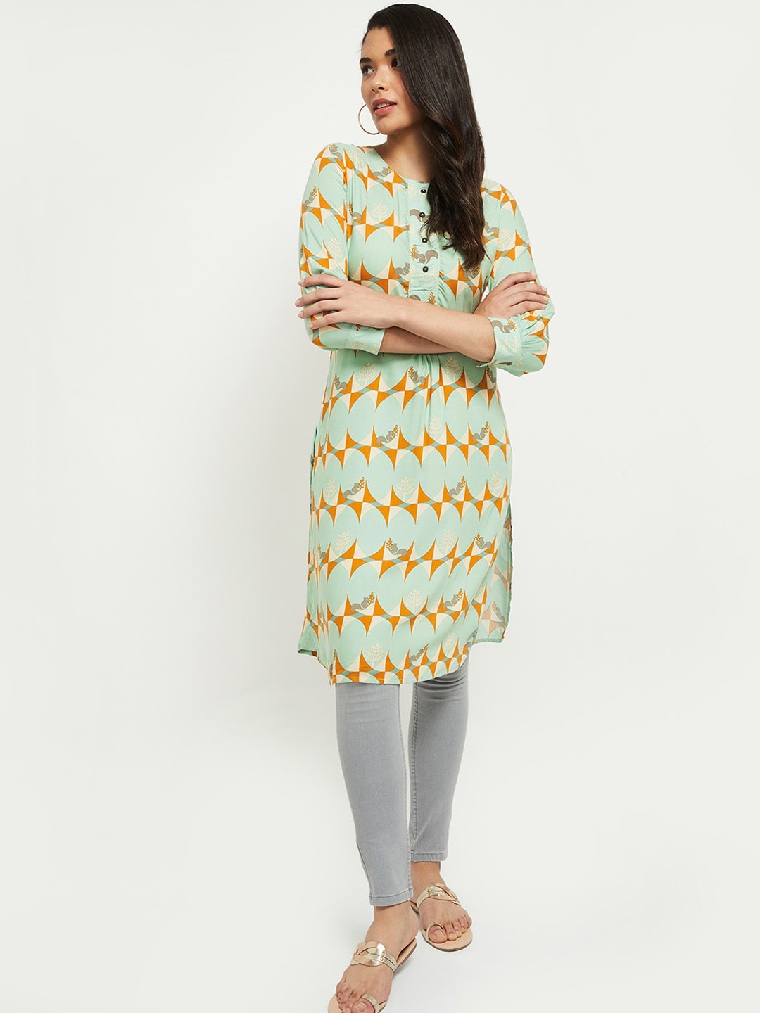 

max Women Green & Orange Printed Kurta
