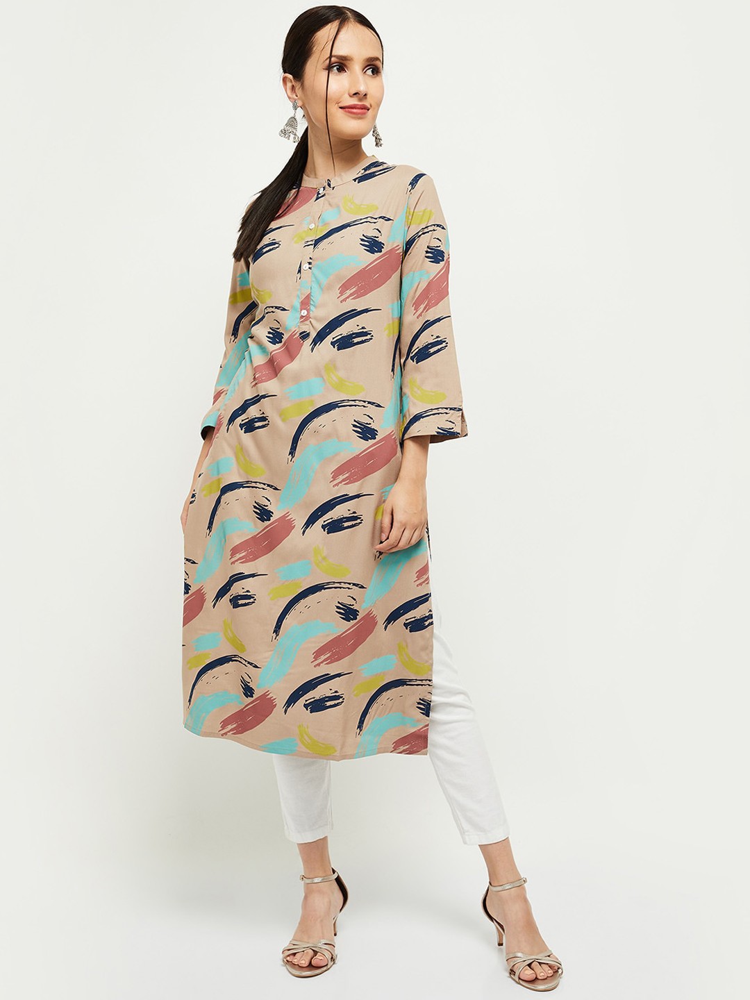 

max Women Beige Striped Flared Sleeves Kurta