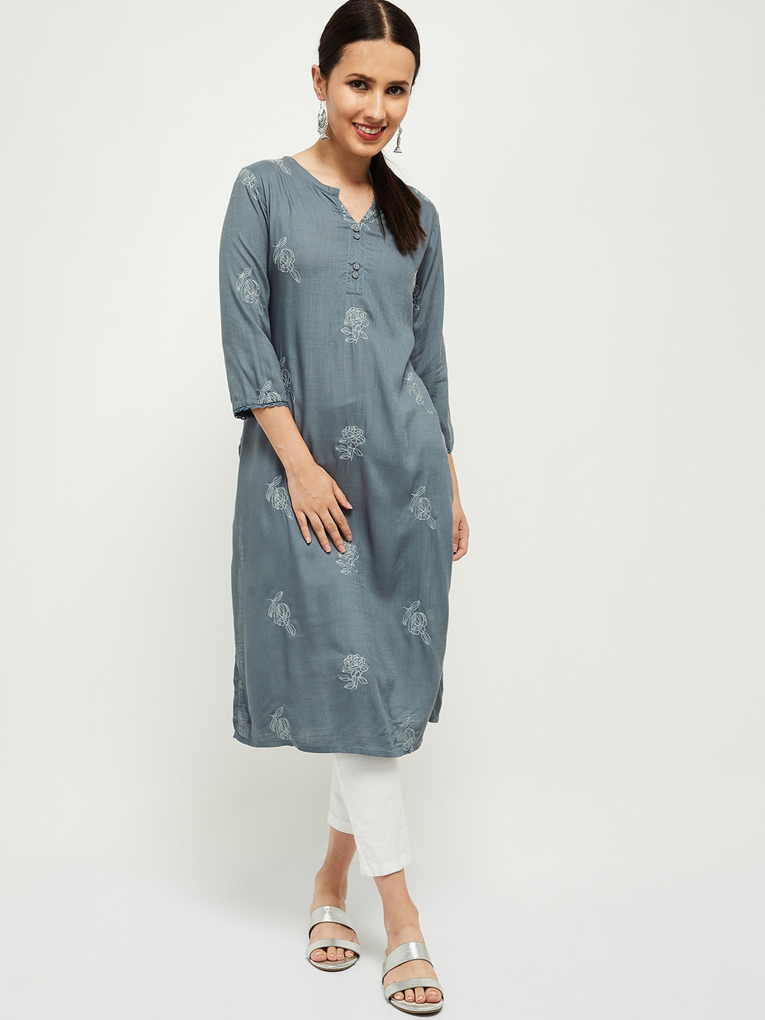 

max Women Teal Keyhole Neck Kurta
