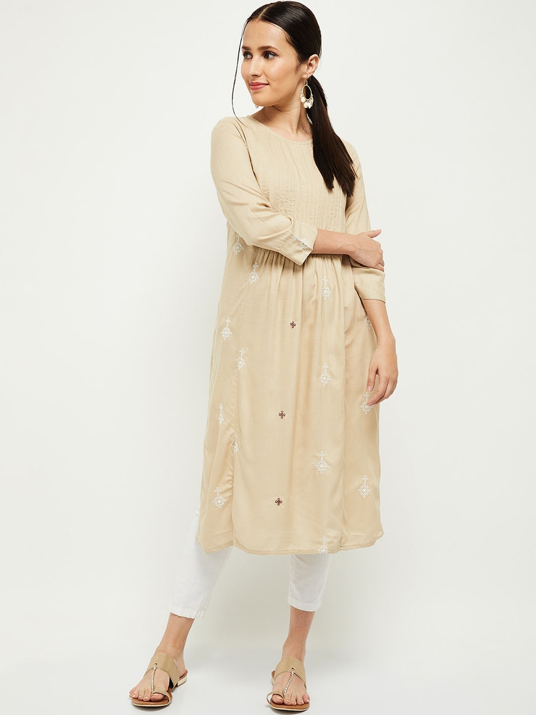 

max Women Beige Quirky Embroidered Pathani Kurta