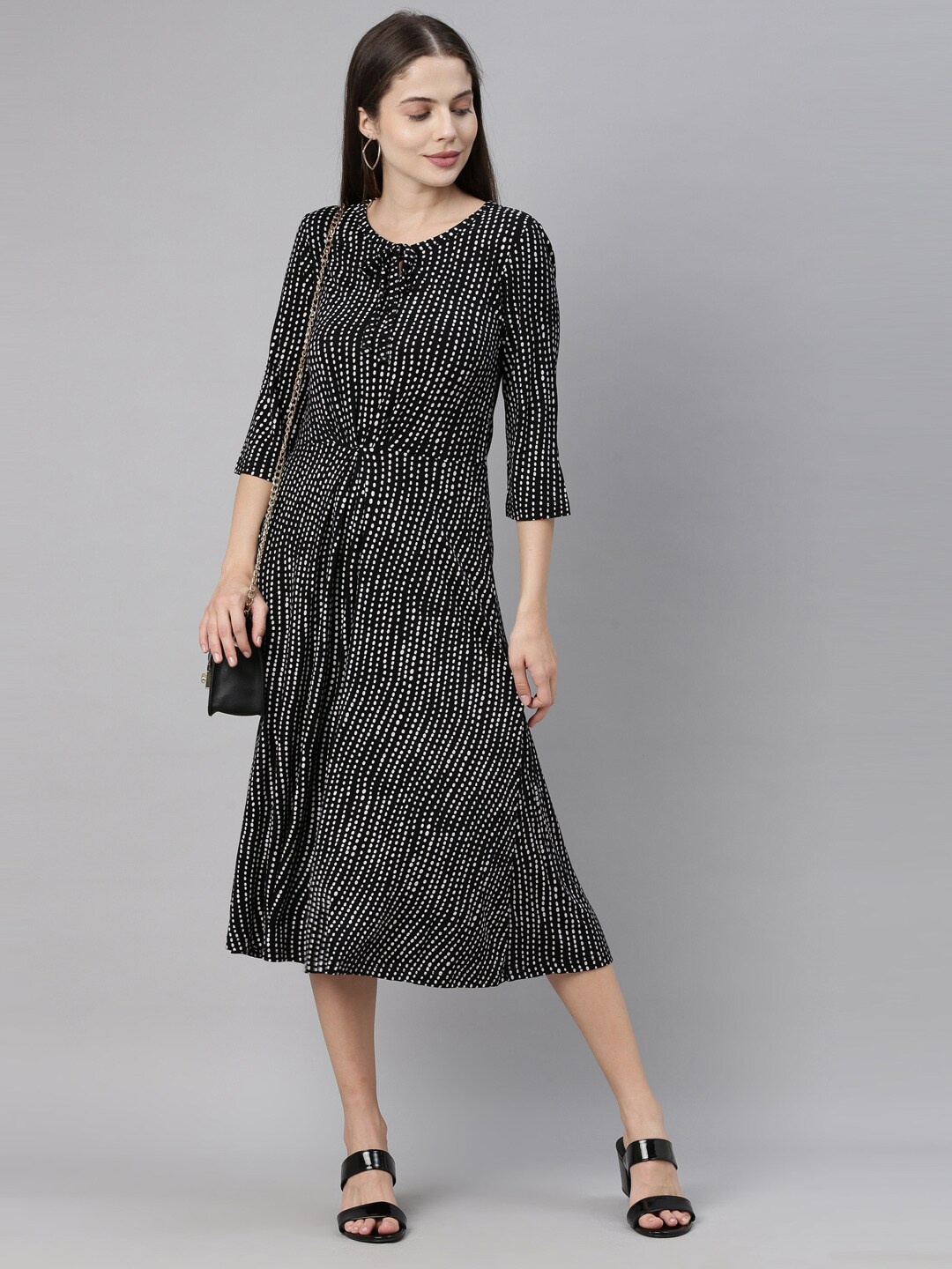 

YCANF Black & White Tie-Up Neck Midi Dress