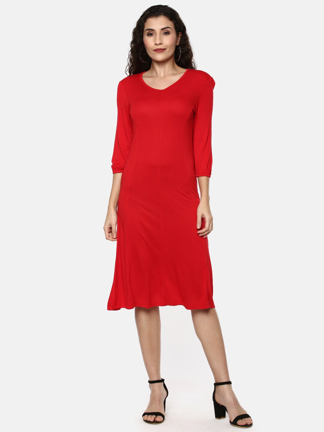 

YCANF Women Red Solid V-neck A-Line Dress