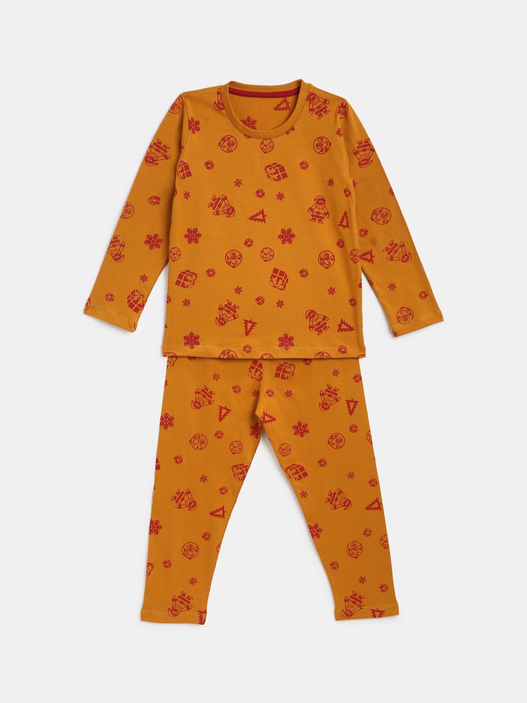 

YK Boys Mustard Yellow & Red Printed Hosiery Pure Cotton 2 Pc Night Suit