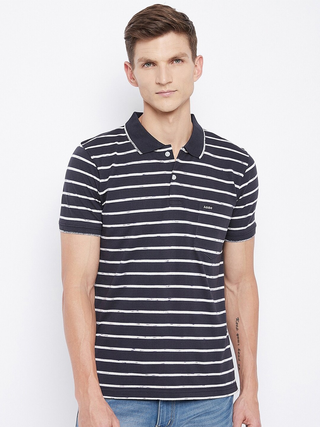 

Adobe Men Navy Blue Striped Polo Collar T-shirt