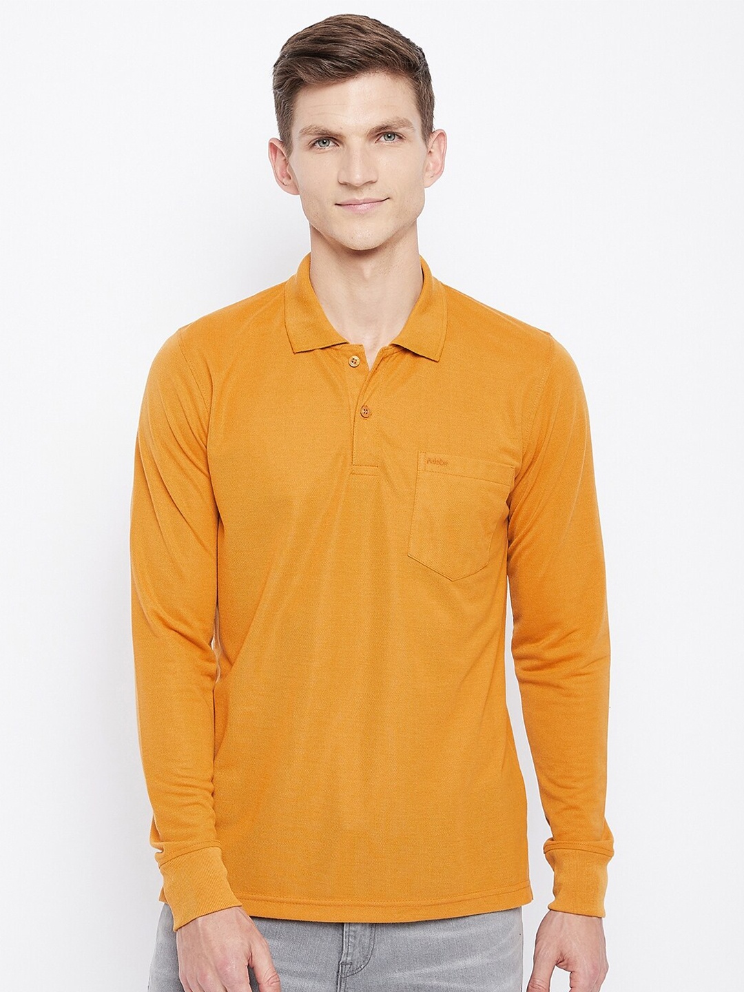 

Adobe Men Mustard Yellow Polo Collar Pockets T-shirt