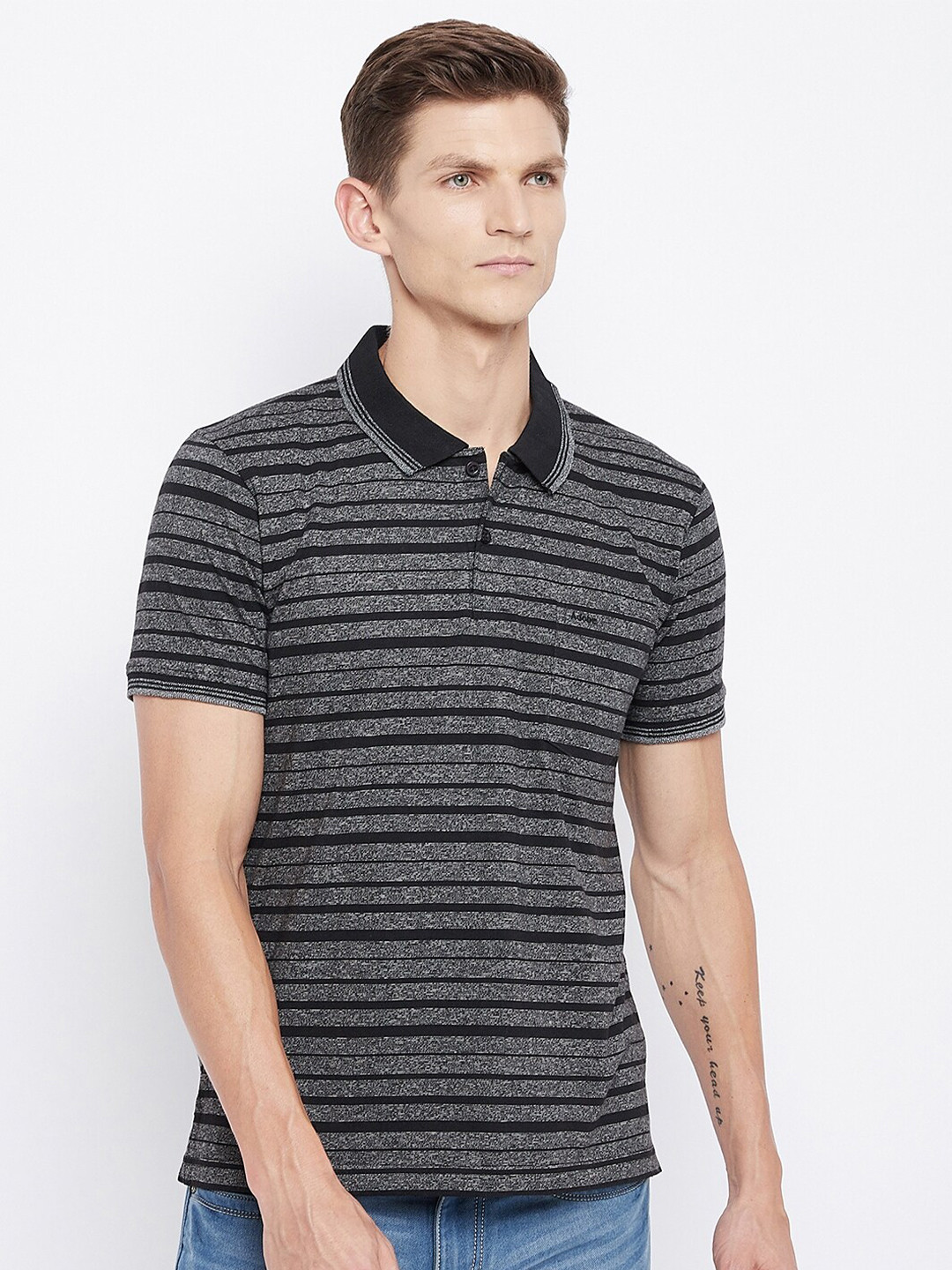 

Adobe Men Black Striped Polo Collar Pockets T-shirt