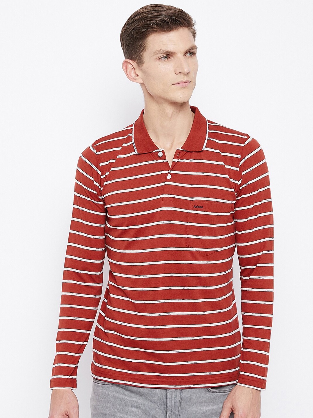 

Adobe Men Rust Striped Polo Collar Pockets T-shirt