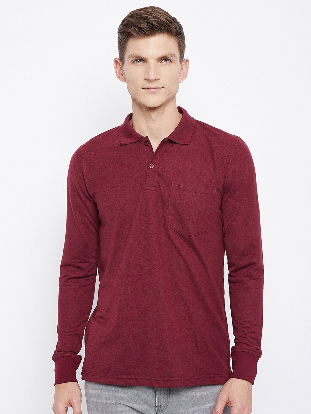 

Adobe Men Burgundy Polo Collar Pockets T-shirt