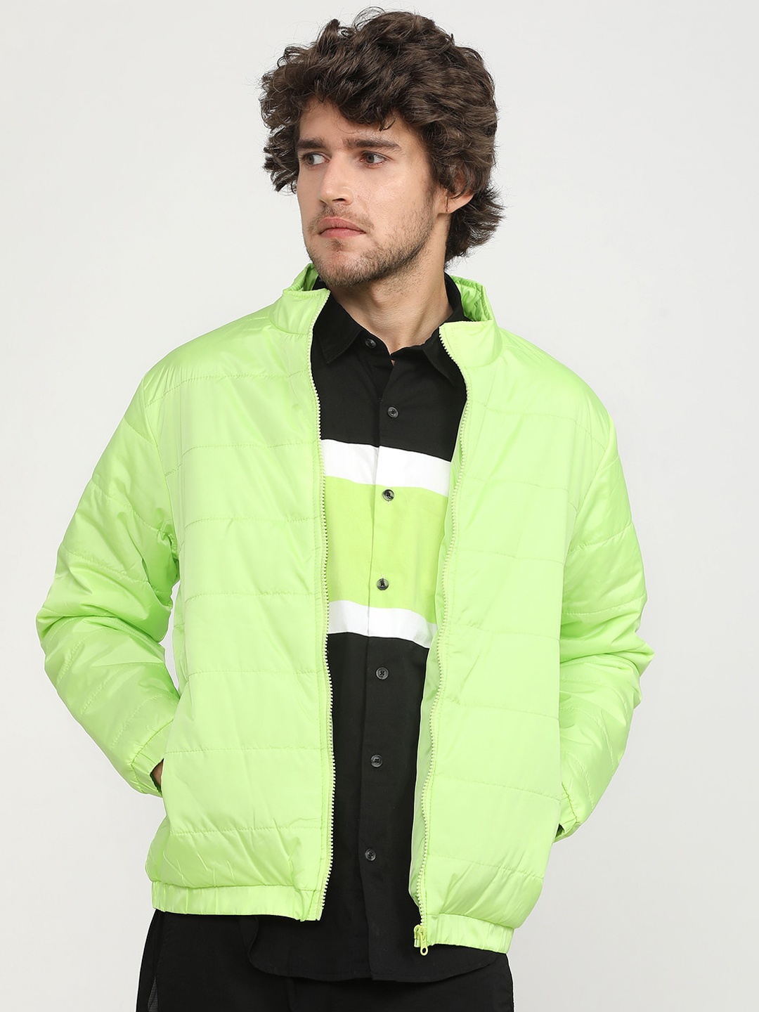 

HIGHLANDER Men Green key lime Puffer Jacket with Patchwork