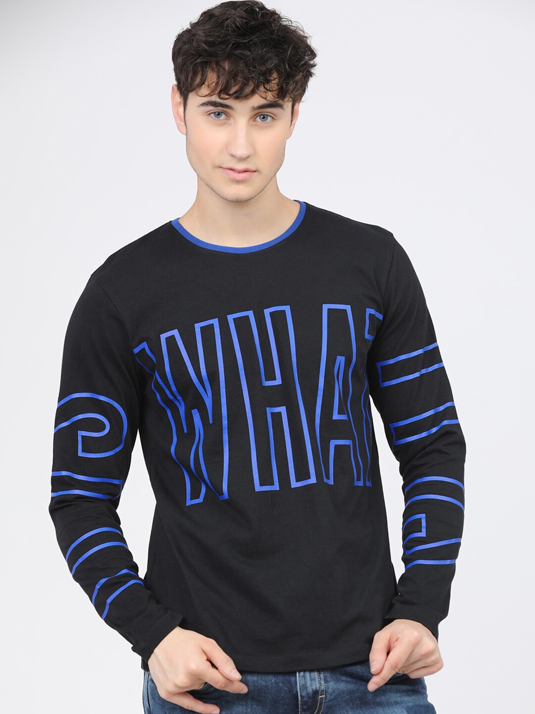 

LOCOMOTIVE Men Black & Blue Typography Printed Slim Fit T-shirt