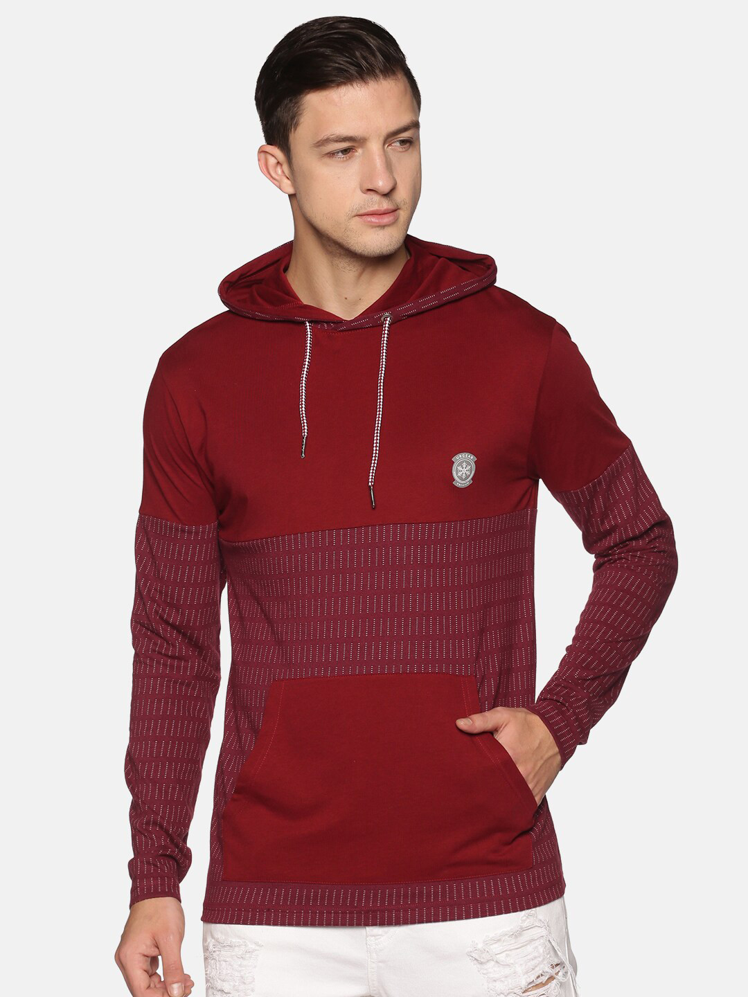 

UrGear Men Maroon Striped Hooded Sweatshirt