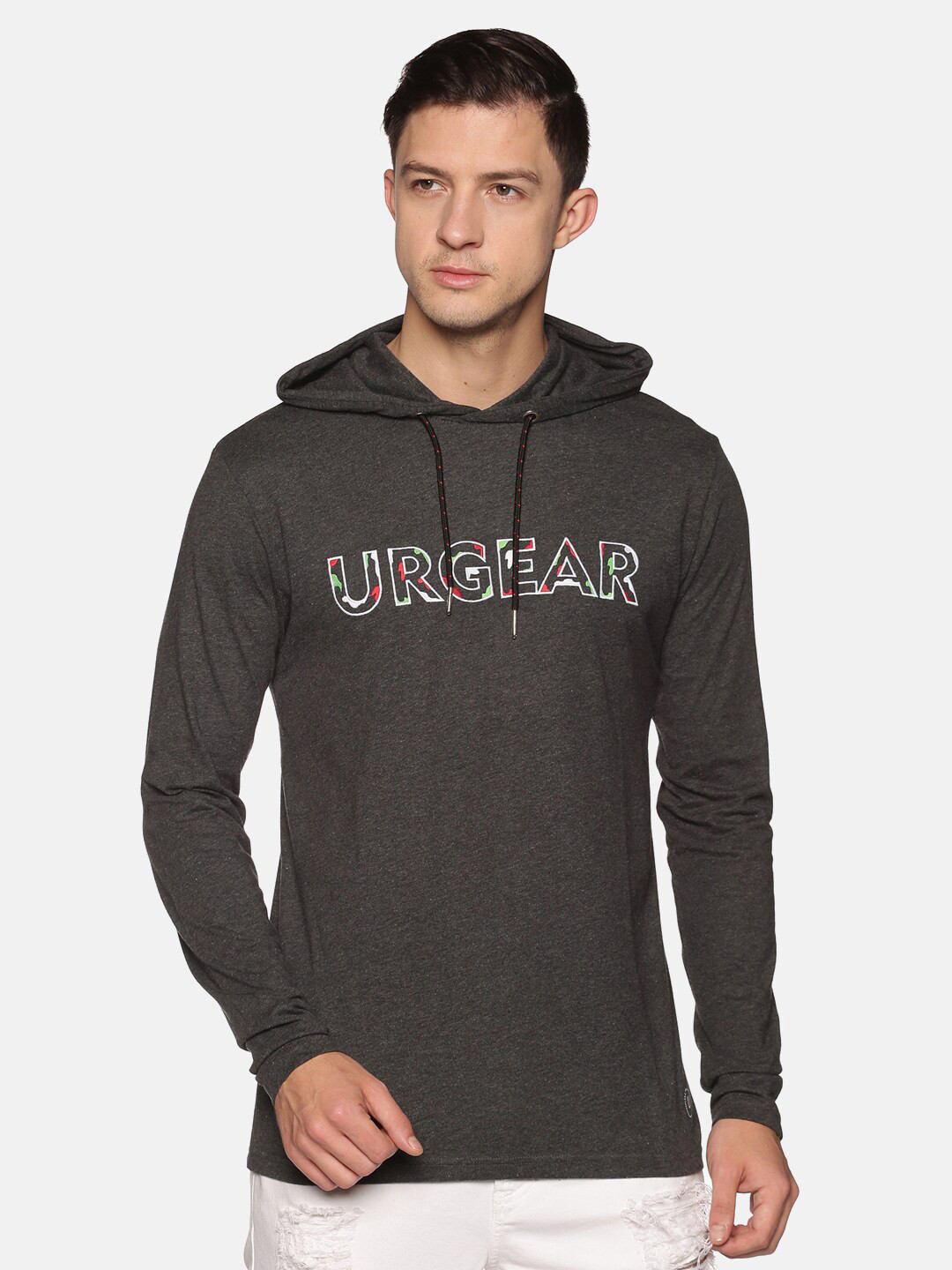 

UrGear Men Grey Printed Hooded Sweatshirt