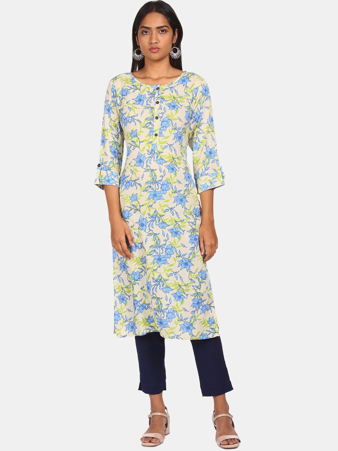

Karigari Women Blue Floral Printed Kurta