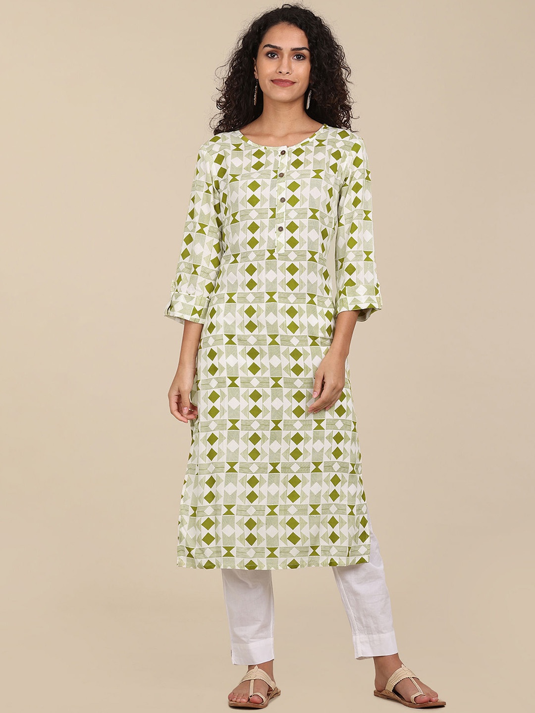 

Karigari Women Off White & Green Geometric Checked Kurta