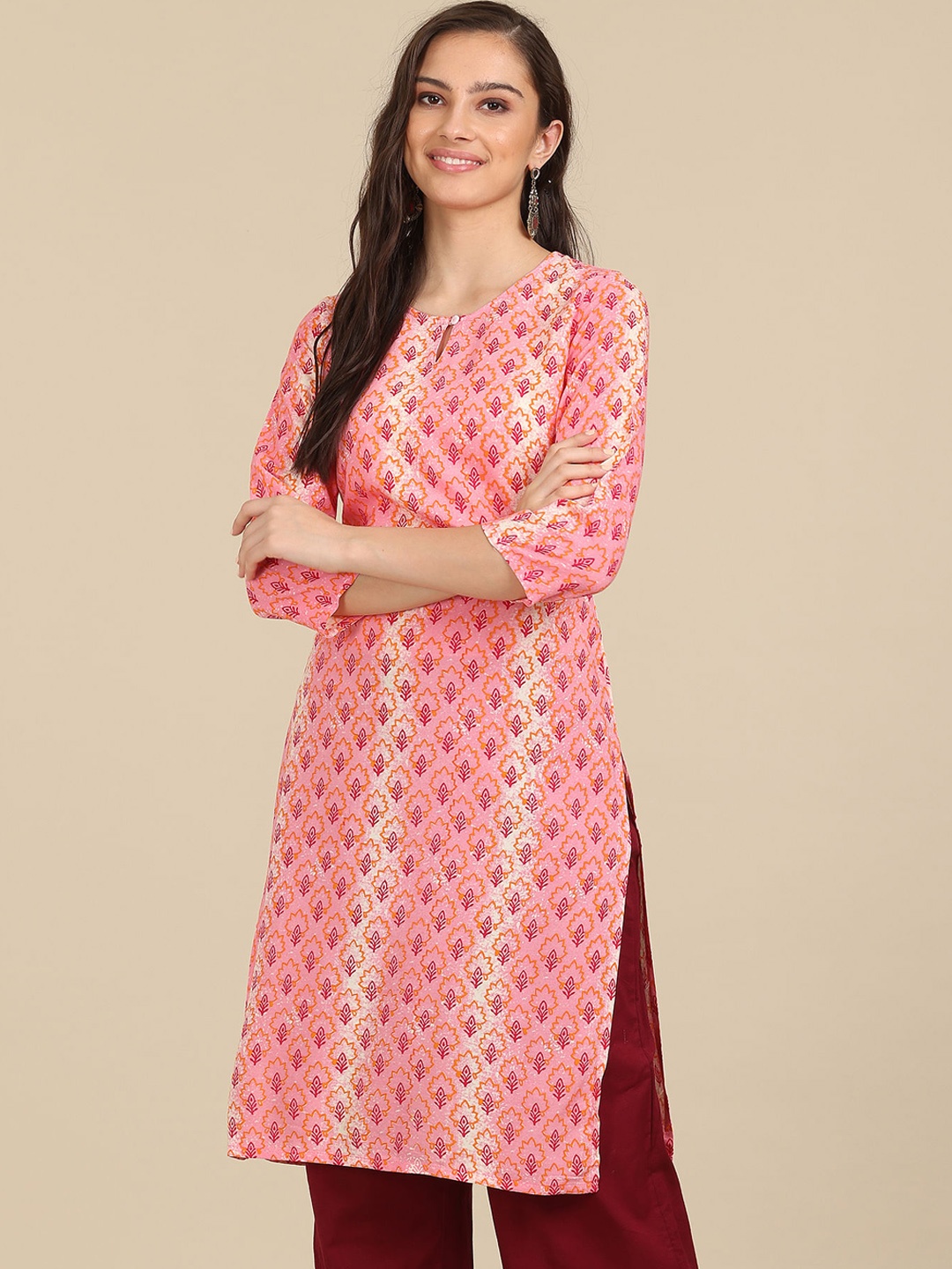 

Karigari Women Pink Ethnic Motifs Printed Thread Work Kurta