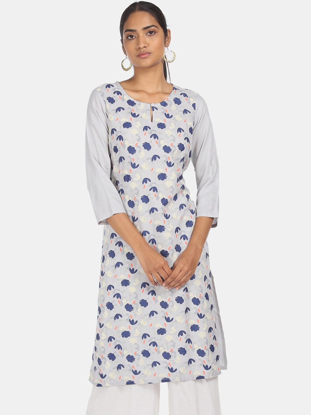 

Karigari Women Grey Floral Embroidered Mirror Work Kurta