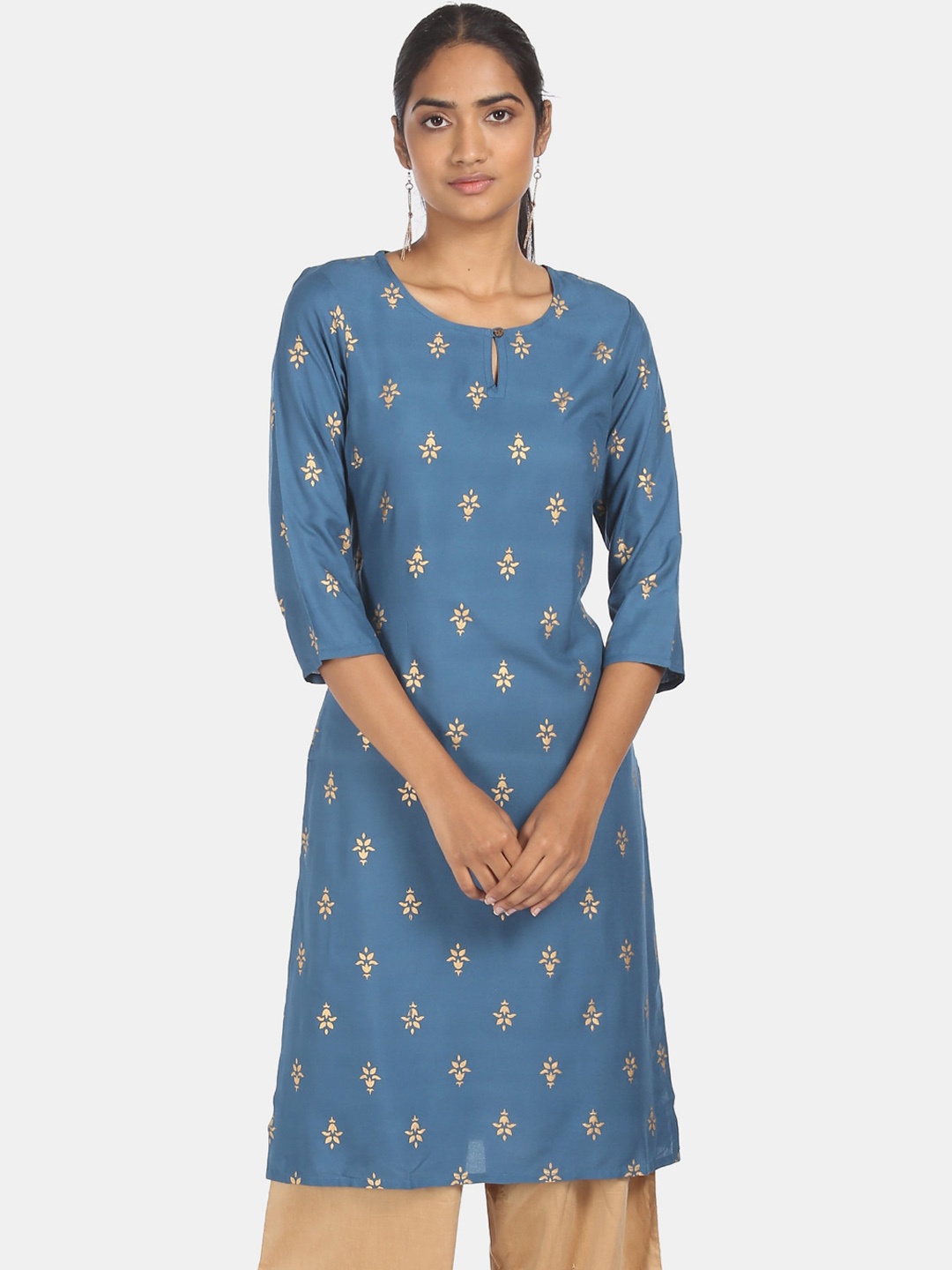 

Karigari Women Blue Floral Embroidered Mirror Work Kurta