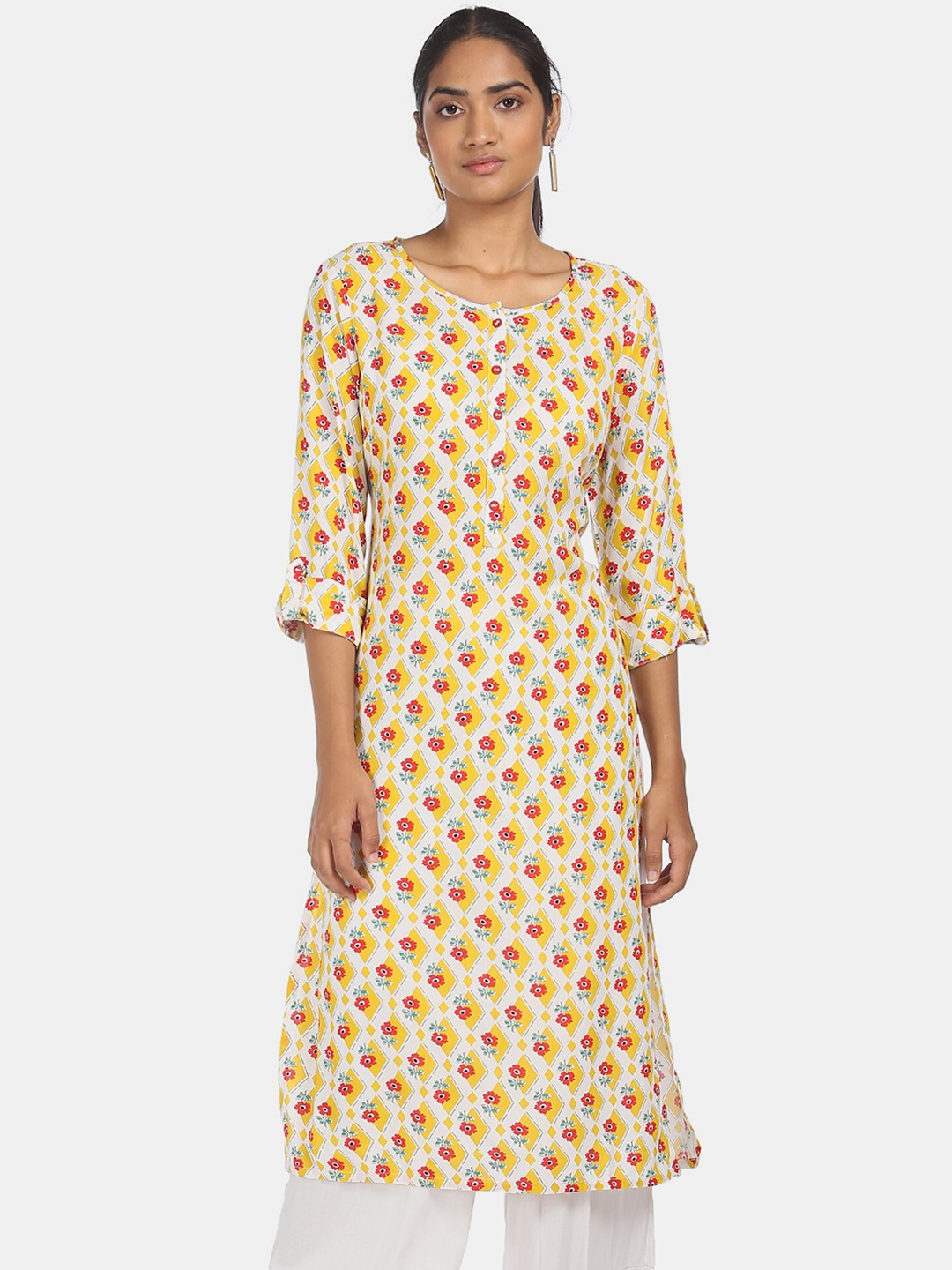 

Karigari Women Yellow Floral Printed Mirror Work Kurta