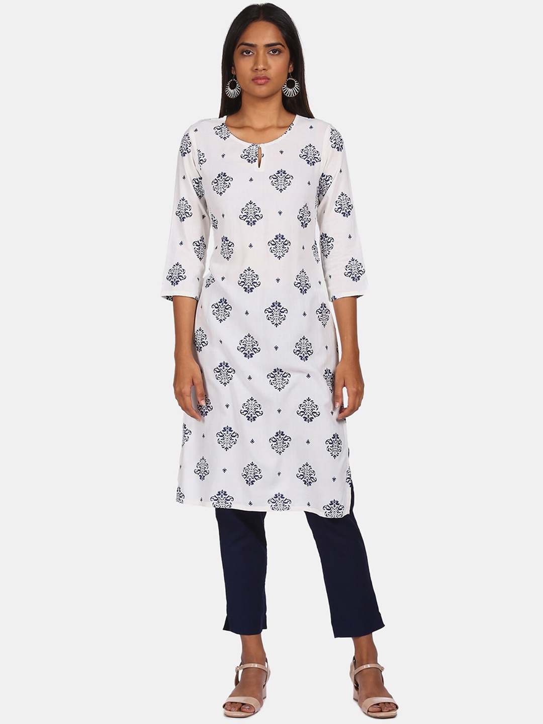 

Karigari Women White Ethnic Motifs Printed Mirror Work Kurta