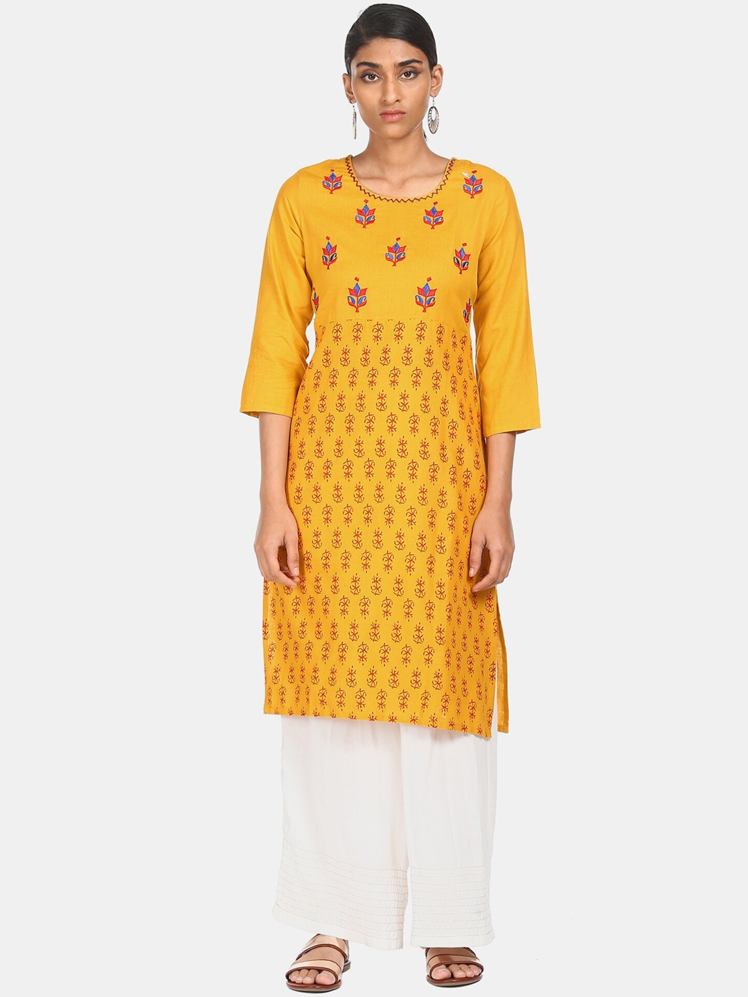 

Karigari Women Yellow Ethnic Motifs Embroidered Thread Work Kurta