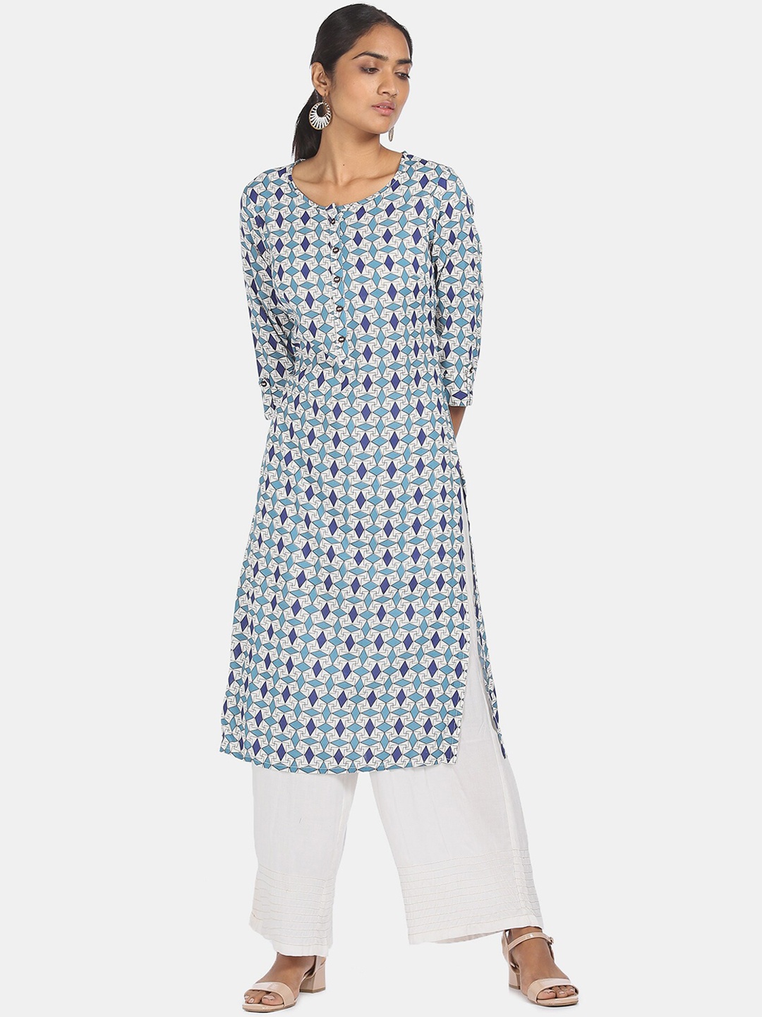 

Karigari Women Blue Geometric Printed Flared Sleeves Kurta