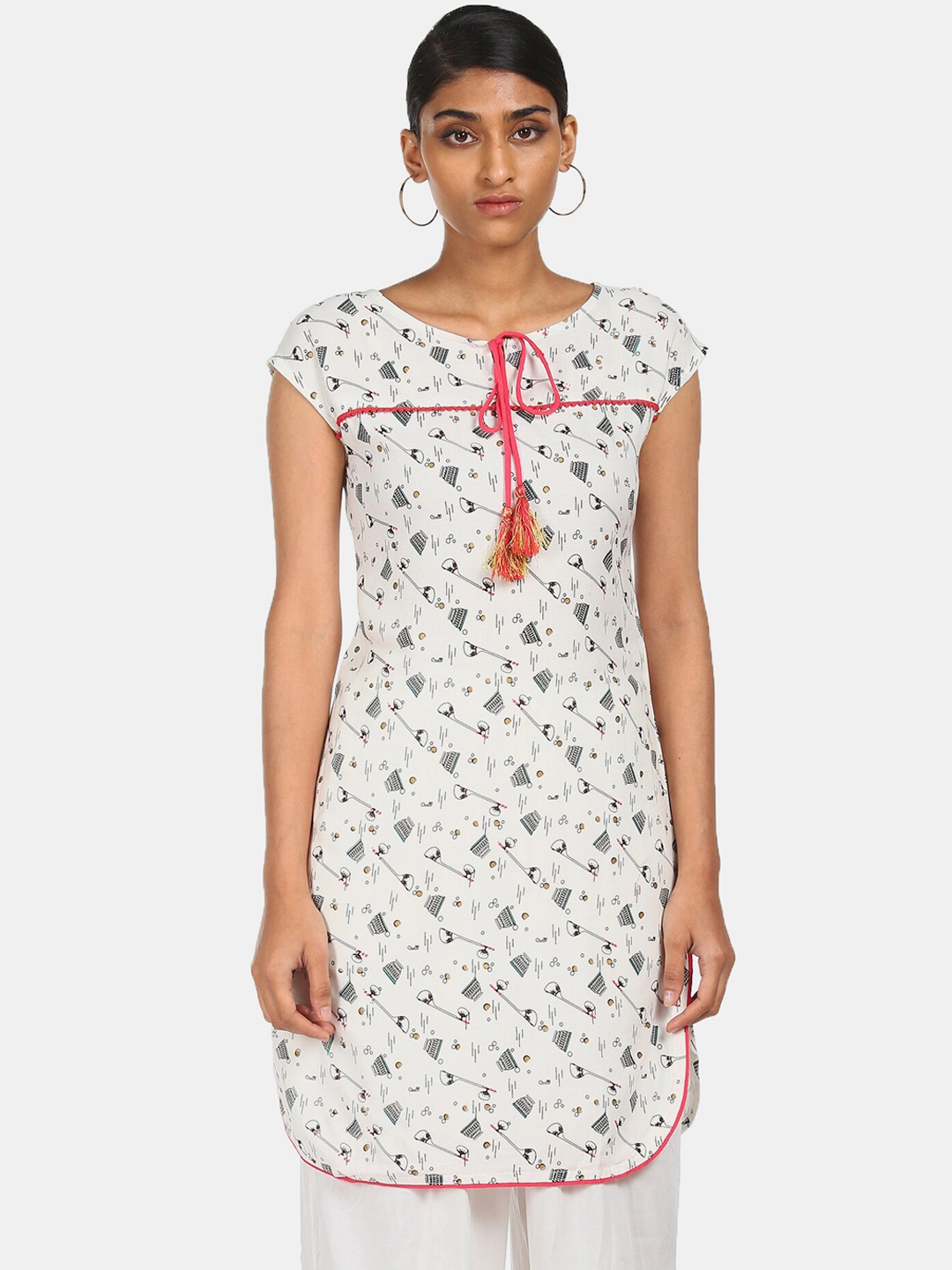 

Karigari Women White Floral Printed Thread Work Kurta