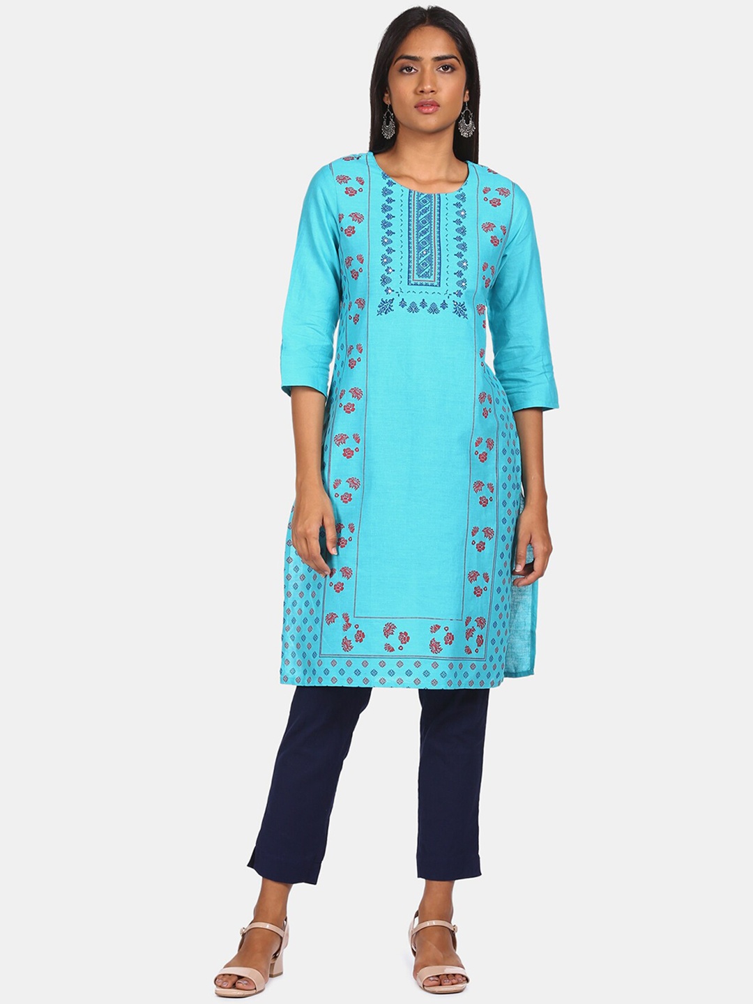 

Karigari Women Blue Ethnic Motifs Embroidered Thread Work Kurta