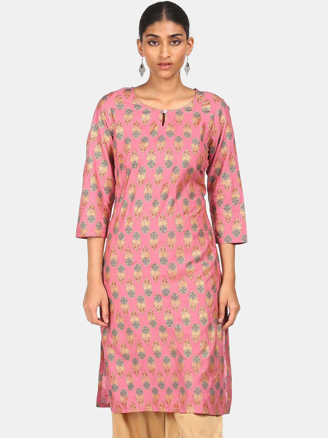

Karigari Women Pink Floral Printed Mirror Work Kurta