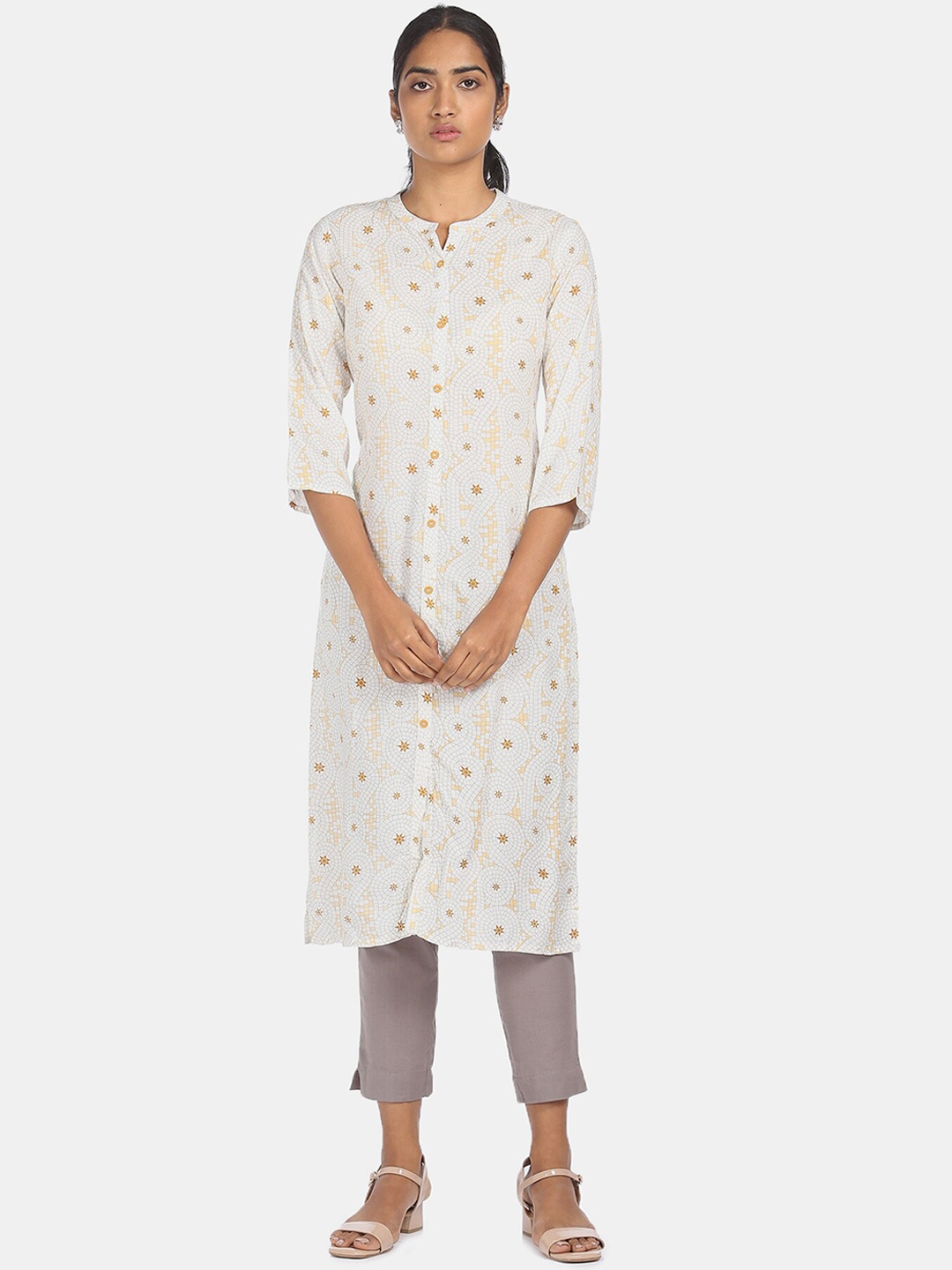 

Karigari Women White Quirky Striped Flared Sleeves Mirror Work Kurta