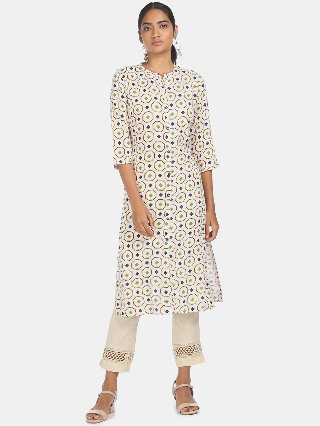 

Karigari Women White Geometric Checked Mirror Work Kurta