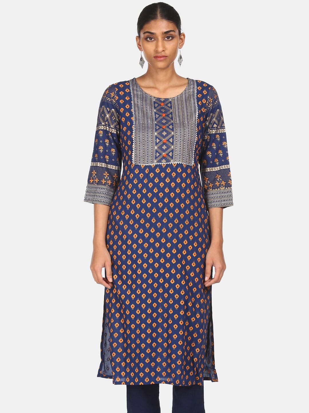 

Karigari Women Blue Printed Flared Sleeves Thread Work Kurta