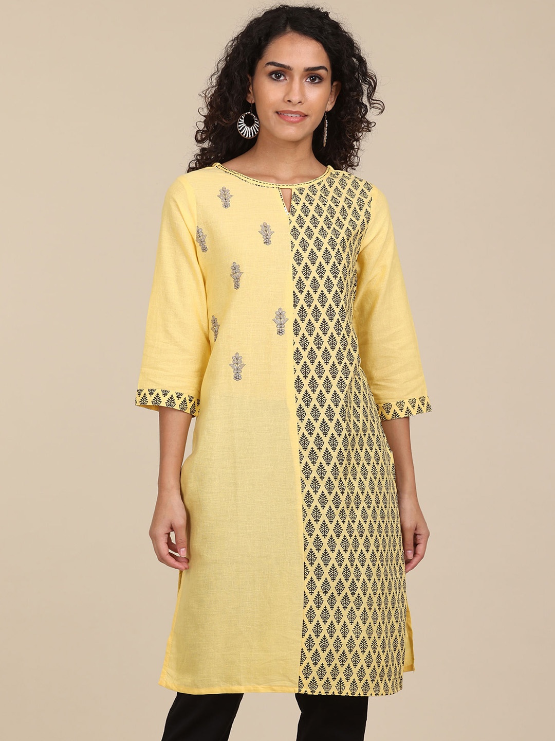 

Karigari Women Yellow Ethnic Motifs Printed Keyhole Neck Kurta