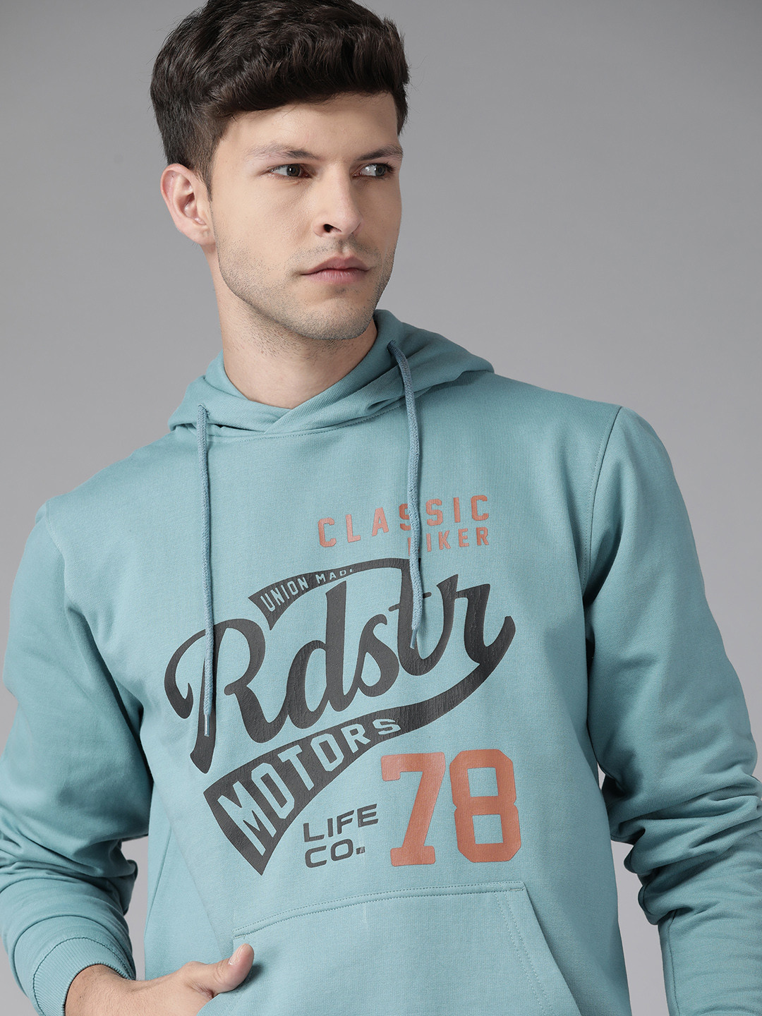 

Roadster Men Blue & Black Printed Hooded Sweatshirt