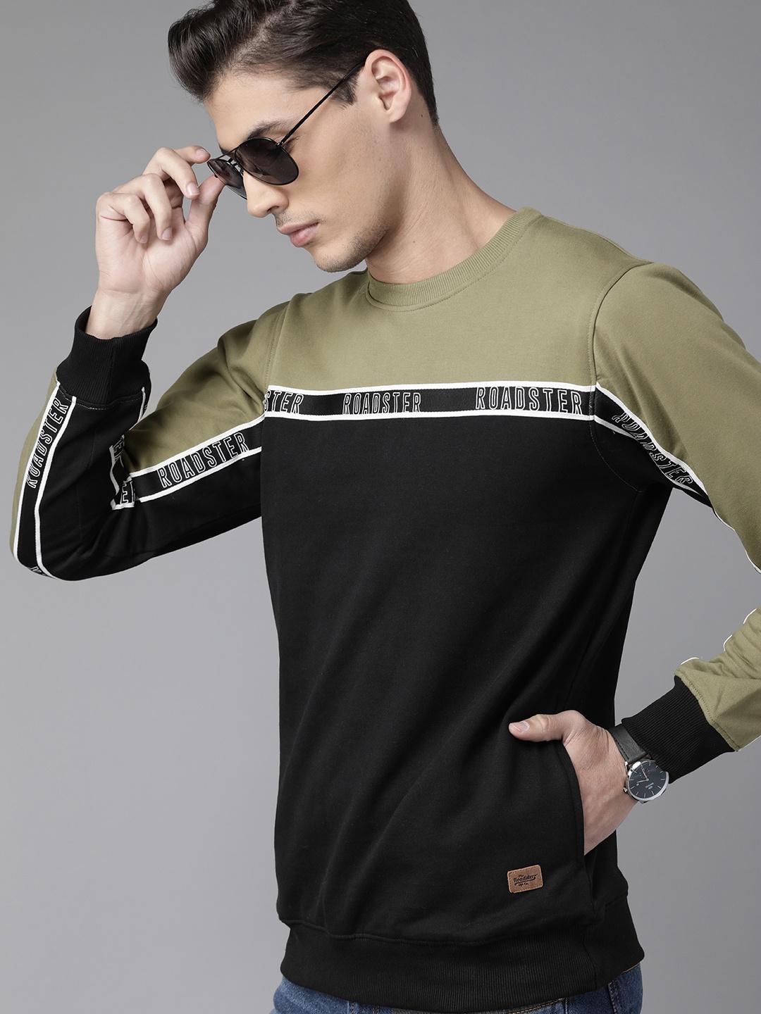 

The Roadster Lifestyle Co Men Black & Olive Green Colourblocked Brand Logo Taping Detail Sweatshirt