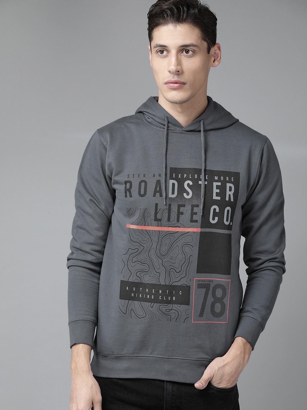 

The Roadster Lifestyle Co Men Grey Brand Logo Printed Hooded Sweatshirt