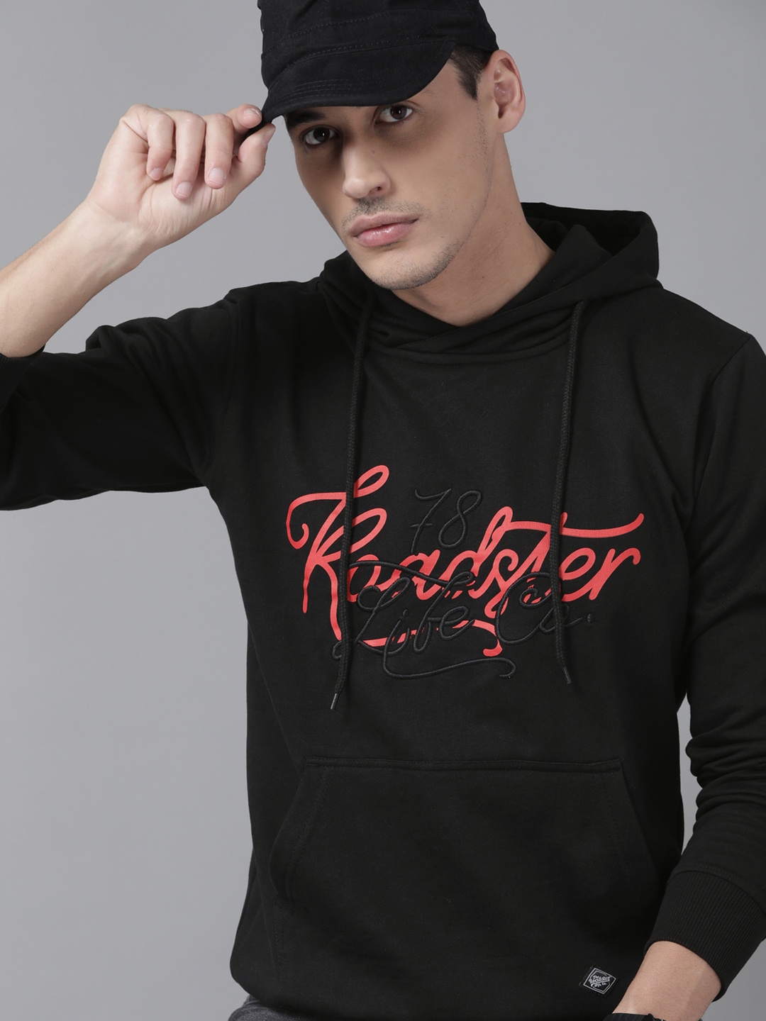 

The Roadster Lifestyle Co Men Black & Red Embroidered Hooded Sweatshirt