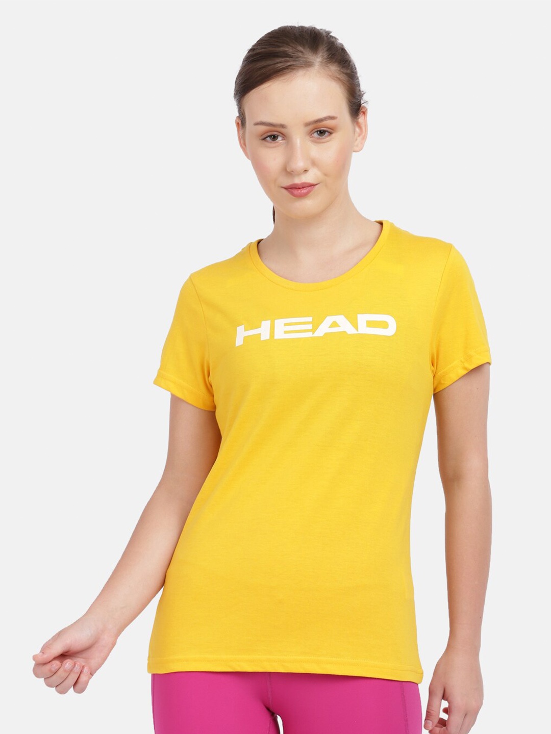 Head Women Yellow Printed Sports Slim Fit Outdoor T-shirt