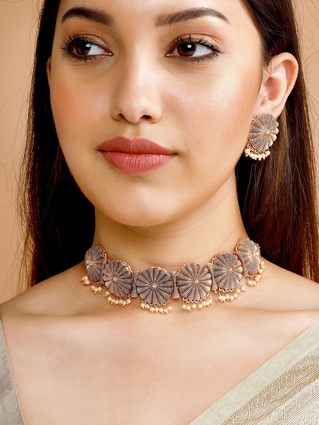 

Rubans Rose Gold-Plated & White Pearls Beaded Handcrafted Jewellery Set