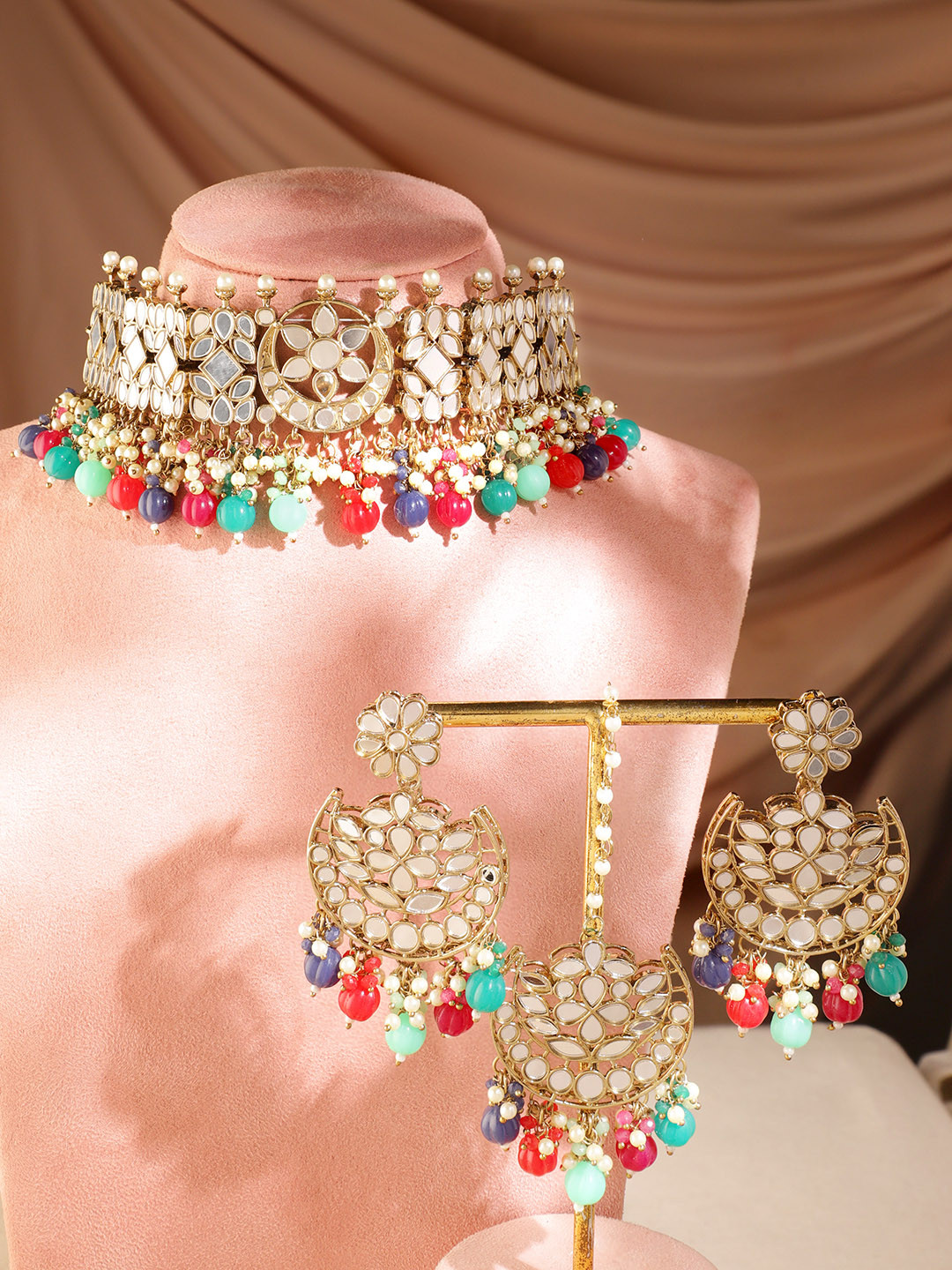 

Rubans 18K Gold Plated Multicolour Pearls Beads With Mirror Work Detail Choker Set