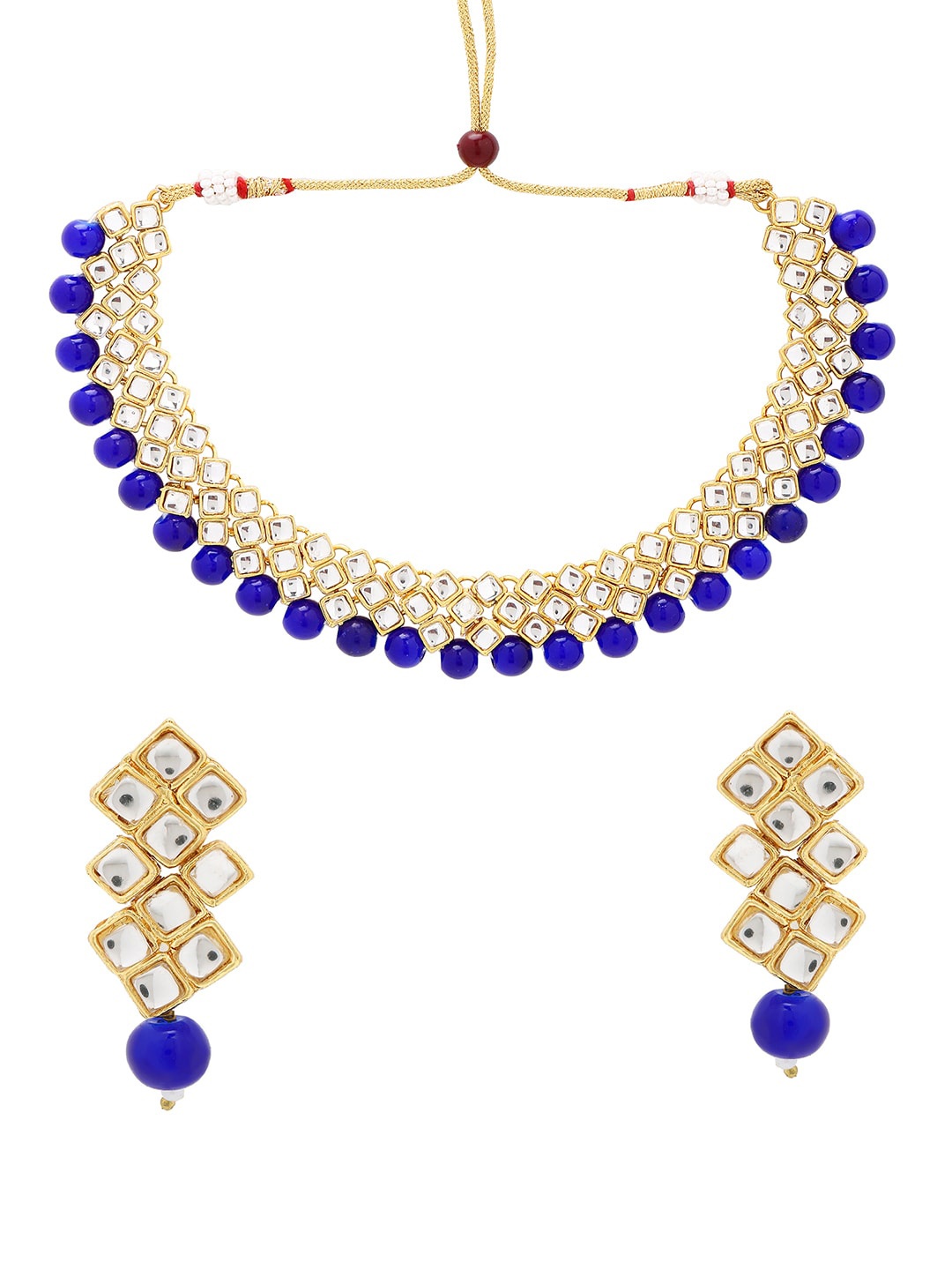 

ASMITTA JEWELLERY Gold-Plated Blue & White Kundan Beaded Jewellery Set