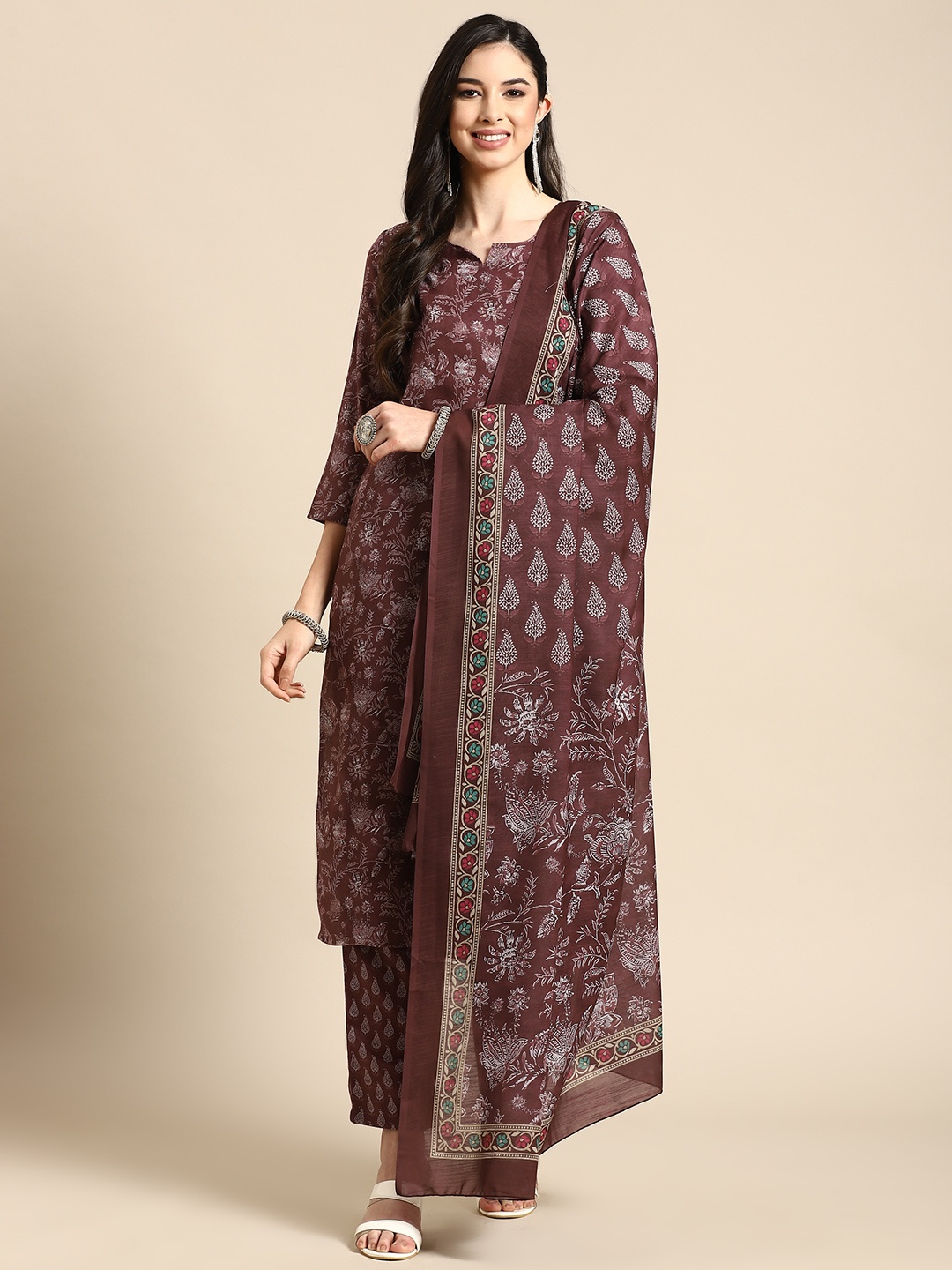

Prakrti Women Mauve Floral Printed Kurta with Trousers & With Dupatta