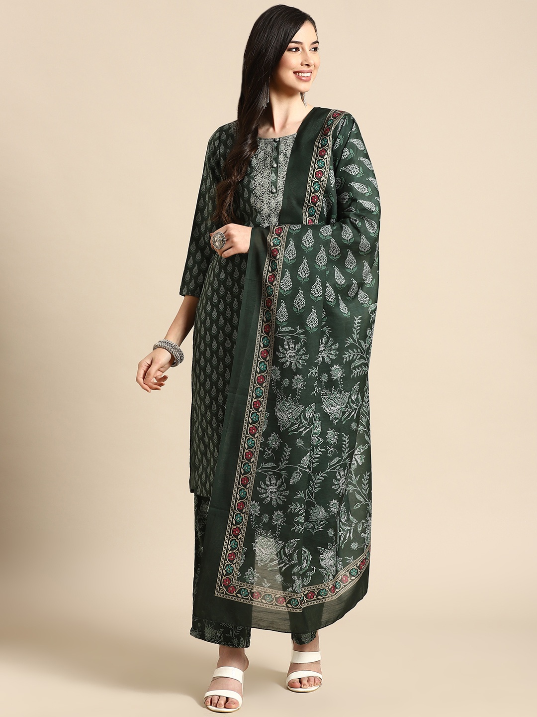 

Prakrti Women Green Floral Printed Kurta with Trousers & With Dupatta
