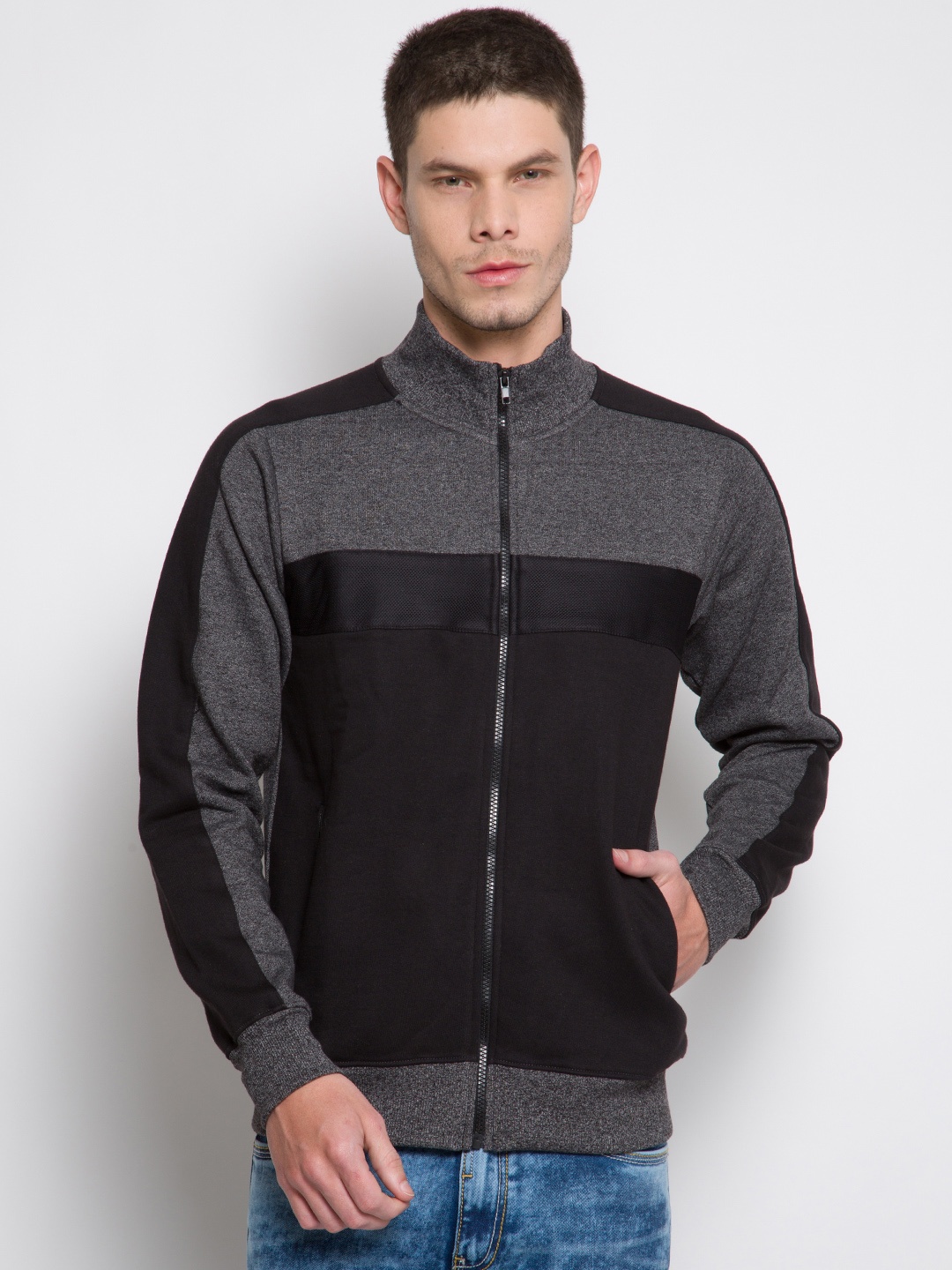 

LOCOMOTIVE Charcoal Grey & Black Colourblocked Sweatshirt