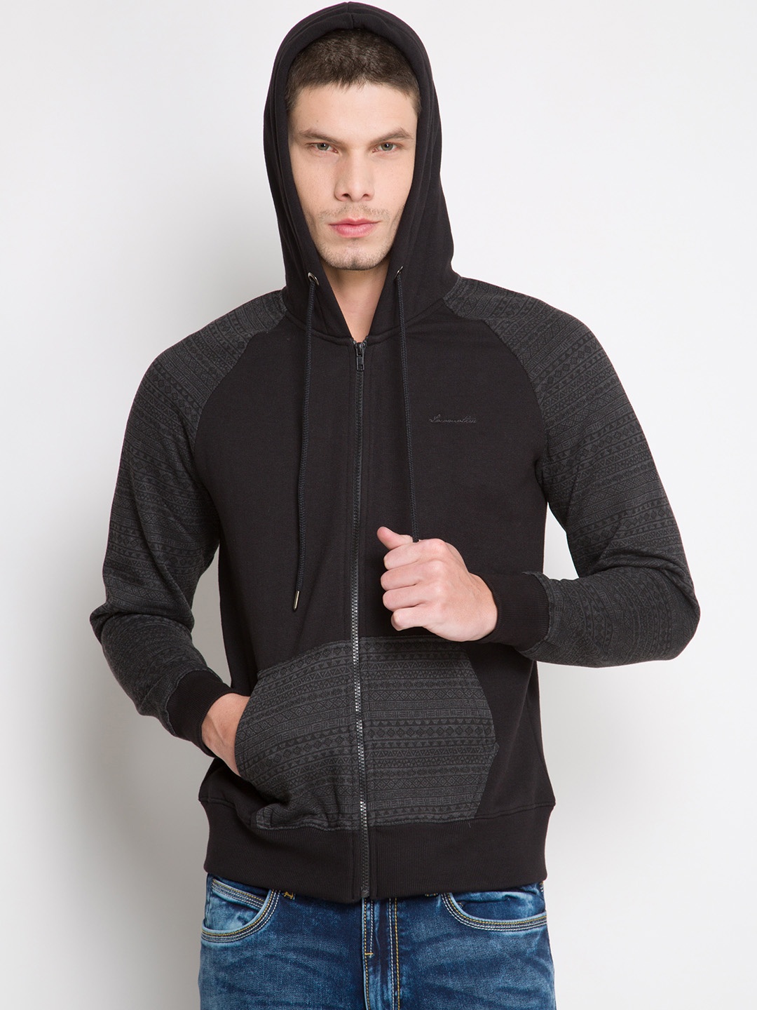 

LOCOMOTIVE Black & Charcoal Grey Hooded Sweatshirt with Printed Detail