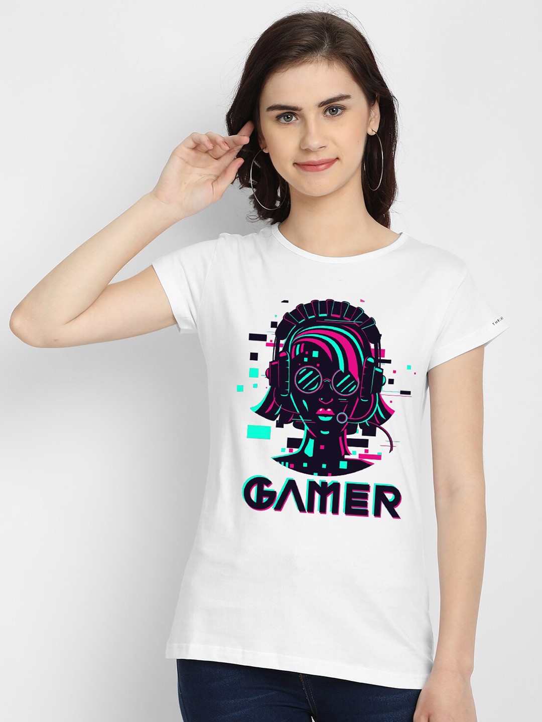 

THREADCURRY Women White & Black Printed Cotton T-shirt