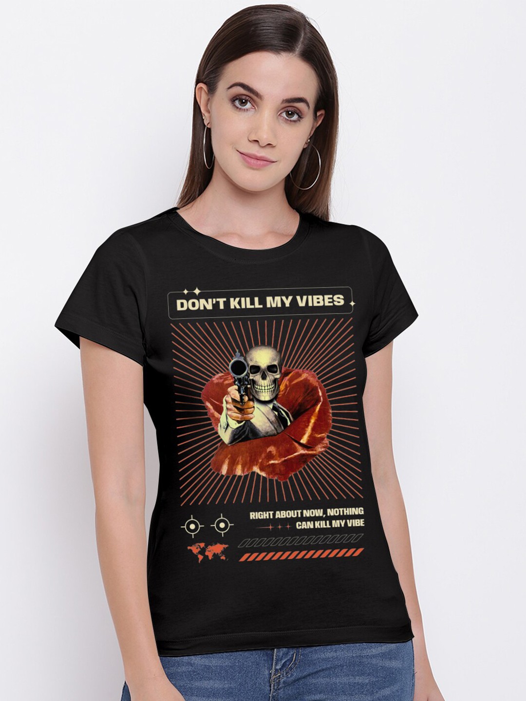 

THREADCURRY Women Black & Red Printed Cotton T-shirt