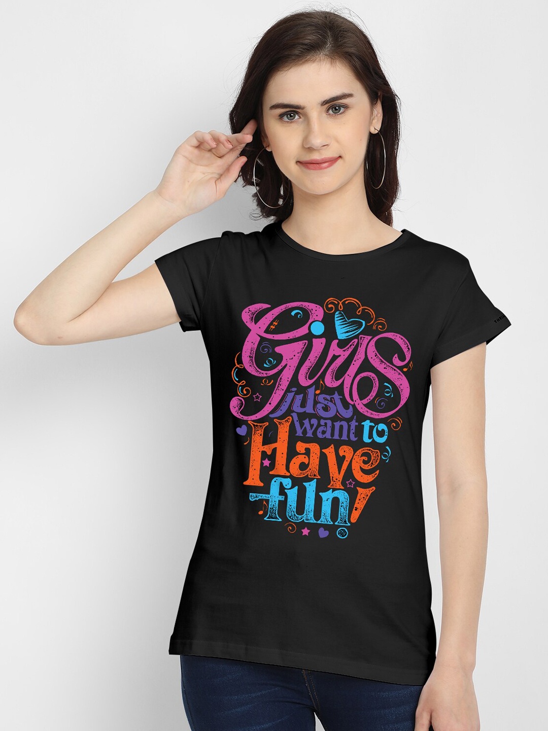 

THREADCURRY Women Black Typography Printed Extended Sleeves Applique T-shirt