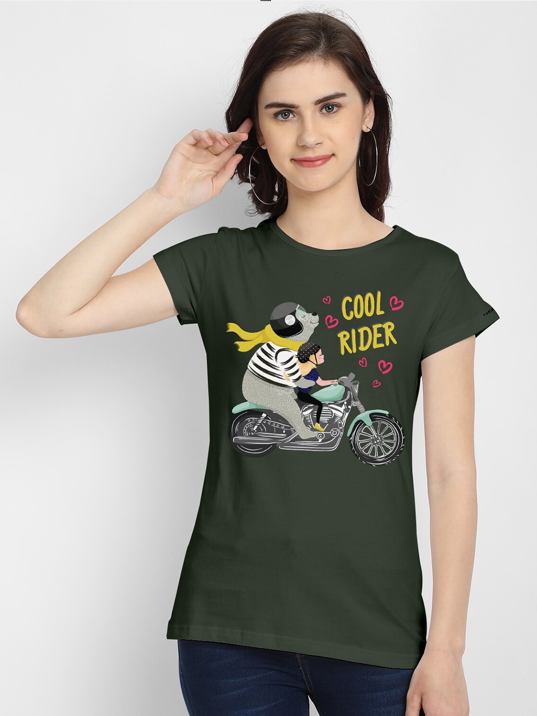 

THREADCURRY Women Olive Green Typography Printed Extended Sleeves Applique T-shirt