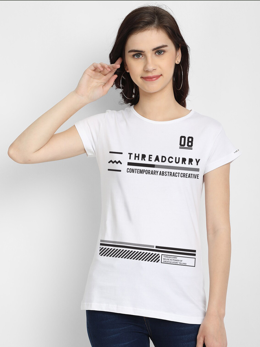 

THREADCURRY Women White Typography Printed Pockets T-shirt