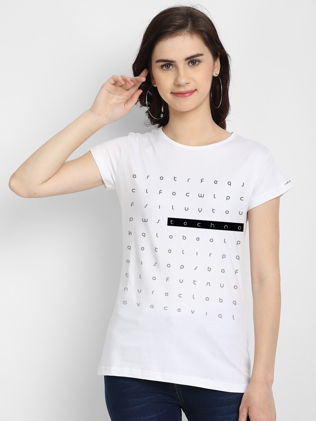 

THREADCURRY Women White Typography Printed Applique T-shirt